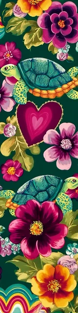 Free turtle bookmark featuring dark green hearts and flowers with turtles